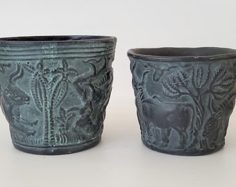 Viintage Embossed Planters Small Candle Holders Resin Cups Decorative Embossed Bulls Trees Set of Two