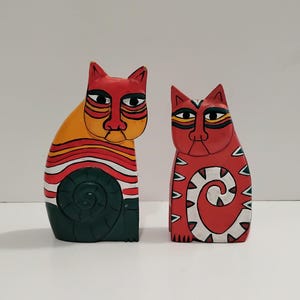 Vintage Laurel Burch Cat Wooden Figurines Colorful Decor Set of Two