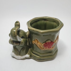 Vintage Green Ceramic Majolica Elephant Planter Lucky Trunk Up Decorative Flower Pot