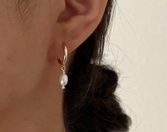Freshwater Pearl Huggie Earrings, Dainty Sterling Silver, Christmas Gift for Her, Stocking Stuffer