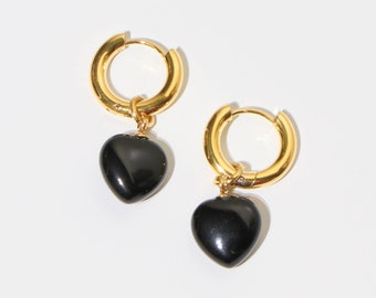 Onyx earrings / Onyx heart / Onyx for her / 18k Gold stainless steel onyx earrings / gemstone earrings dangle /Gemstone earrings for women