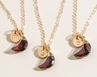 Garnet Moon Necklace, January Birthstone Jewelry, Personalized Initial Pendant, Gold Filled, Christmas Gift for Her