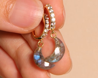 Labradorite Crescent Earrings, Sterling Silver Moon Studs, Dainty Gemstone Jewelry, Christmas Gift for Her