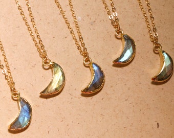 Labradorite Moon Necklace, Dainty Crescent Pendant, Celestial Gemstone Jewelry, Christmas Gift for Her