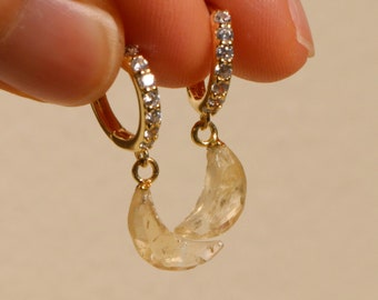 Citrine Huggie Earrings, Gold Crescent Moon Studs, November Birthstone Jewelry, Christmas Gift for Her