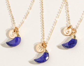 Sapphire Moon Necklace, September Birthstone Jewelry, Personalized Initial Charm, Gold Filled, Christmas Gift