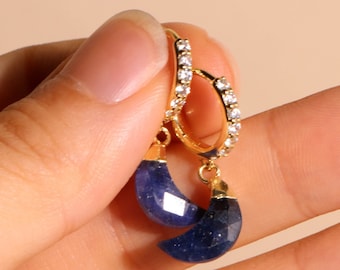 Sapphire Crescent Earrings, Sterling Silver September Birthstone Jewelry, Christmas Gift for Her