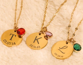 Personalized Initial Necklace, Custom Date Birthstone Charm, Stainless Steel, Christmas Gift for Her