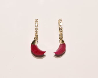 Ruby earrings / Gemstone pendants huggies / July birthstone jewelry / Ruby jewelry / Moon earrings / Healing crystals /Crystal earrings