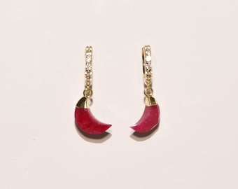 Ruby Crescent Earrings, Sterling Silver Huggies, July Birthstone Jewelry, Christmas Gift for Her