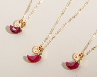 Ruby Moon Necklace, July Birthstone Jewelry, Dainty Crescent Pendant, Christmas Gift for Her, Celestial Necklace