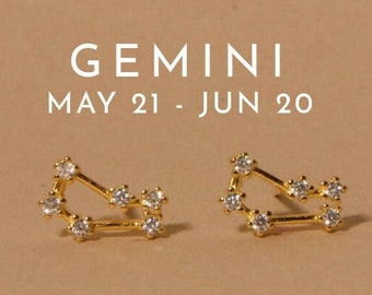 Gemini Earrings, Zodiac Constellation Studs, 14k Gold Plated Sterling Silver, Astrology Gift, Stocking Stuffer