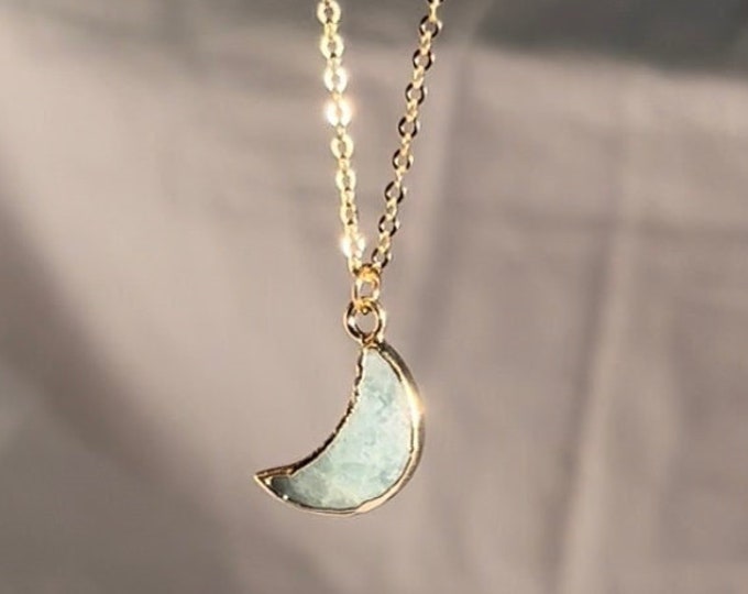 Aquamarine Crescent Moon Necklace, 14K Gold Filled, Natural Gemstone, March Birthstone