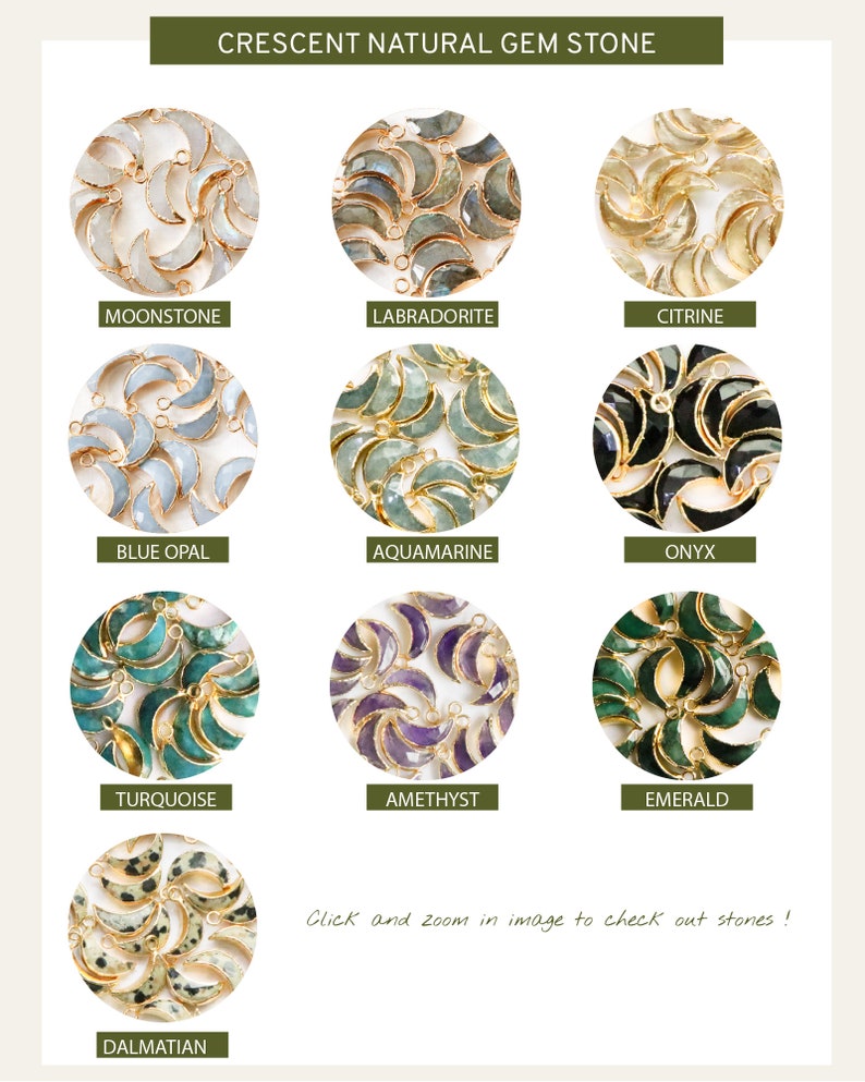Puede incluir: Una colecci&oacute;n de dijes de piedras preciosas naturales en forma de media luna con lazos de metal dorado. Las piedras incluyen piedra lunar, labradorita, citrino, &oacute;palo azul, aguamarina, &oacute;nix, turquesa, amatista, esmeralda y d&aacute;lmata.