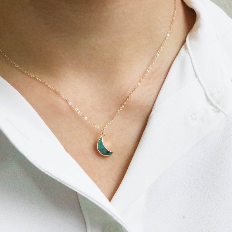 Tiny emerald Necklace Emerald Necklace Gold Tiny Gemstone Necklace May birthstone Tiny Emerald moon jewelry Gemstone Necklace image 5