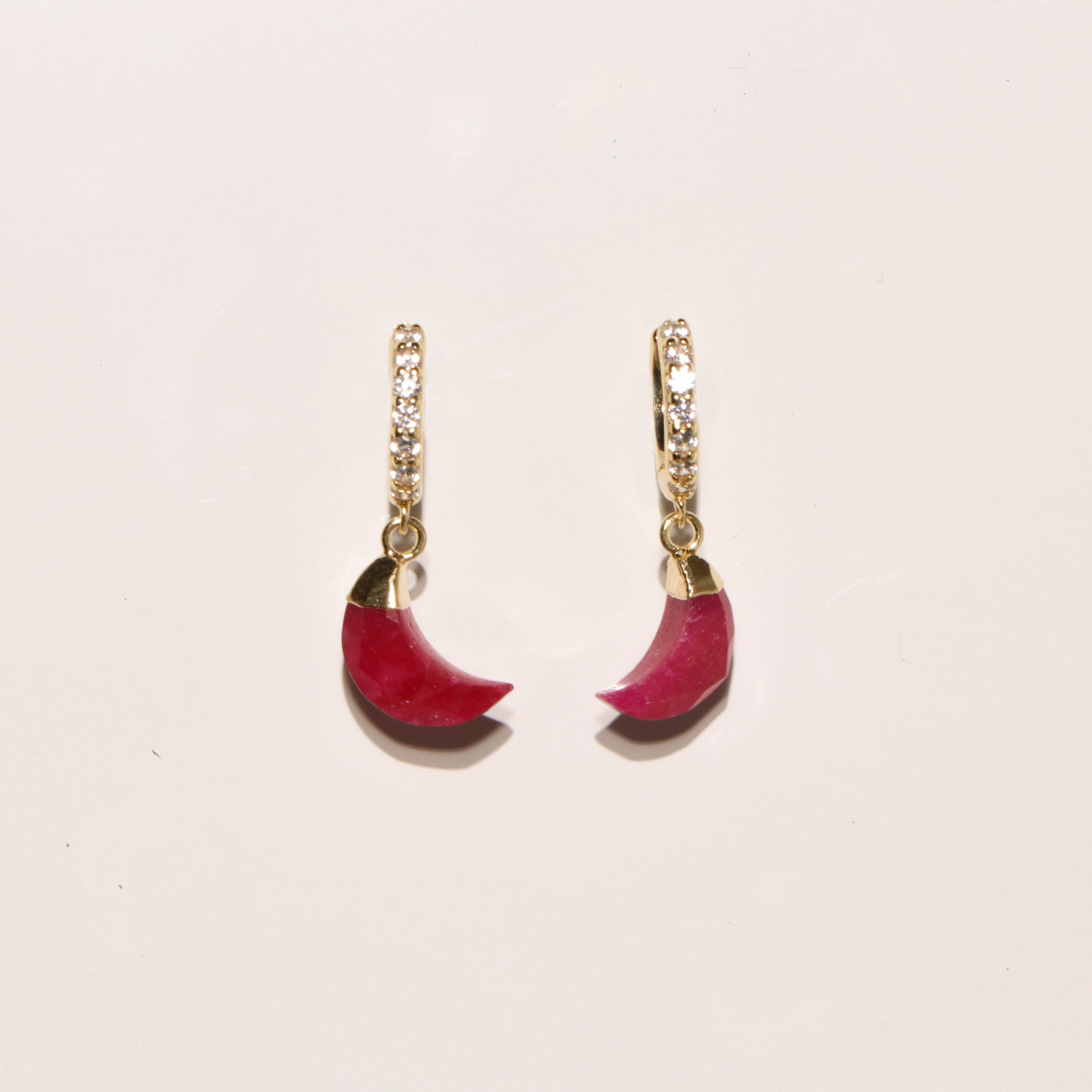 Ruby earrings / Gemstone pendants huggies / July birthstone jewelry / Ruby jewelry / Moon earrings / Healing crystals /Crystal earrings