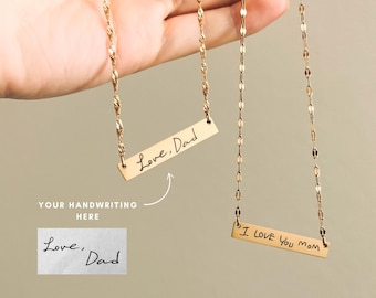 Handwriting Bar Necklace, Actual Handwriting Jewelry, Custom Engraved Memorial Gift, Christmas Gift for Mom, Personalized Keepsake