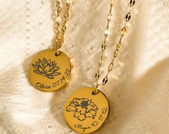 Birth Flower Necklace, Personalized Engraved Stainless Steel, Custom Birth Month Pendant