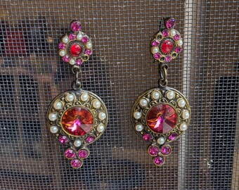 Vintage Rhinestone Dangle Earrings: Pink, Red & Pearl Bronze Metal
