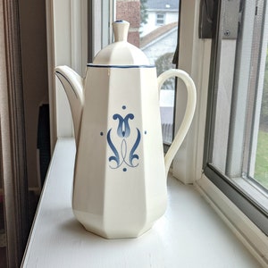 Rare Vintage Harkerware &#39;Blue Dane&#39; Coffee Pot: White Ceramic Teapot