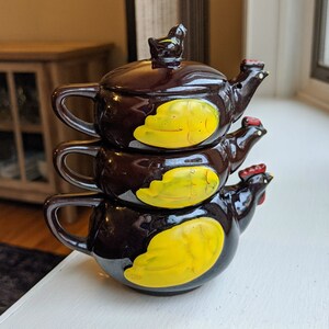 Vintage Brown Ceramic Stacking Chicken 5&quot; Salt & Pepper Shaker Set