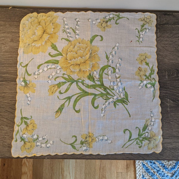 Vintage Floral Cotton Handkerchief - 13" White & Yellow Flowers Hankie - Good Condition - Free U.S. Shipping