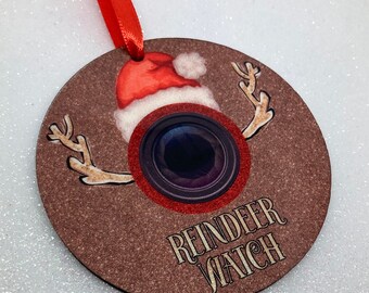Personalized Reindeer Cam Christmas Bauble: Glitter Christmas Tree Decoration