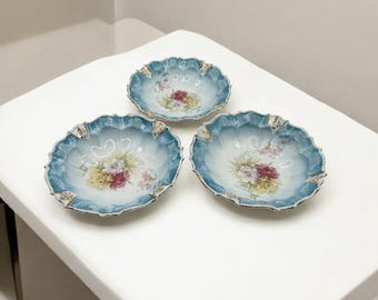 Antique Porcelian Berry Fruit Dessert Bowls Hand Painted Blue Floral Set of 3