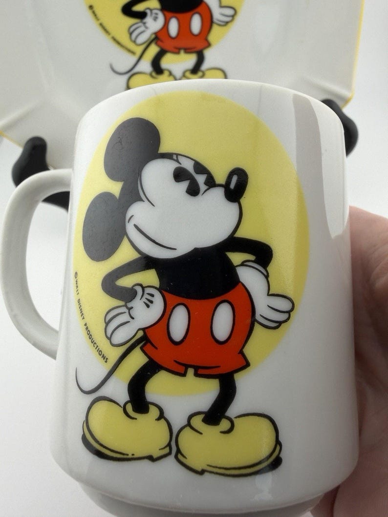 Walt Disney 1970's Japan Made Mickey Mouse Plate and Mug Set Ceramic Yellow Rim image 5