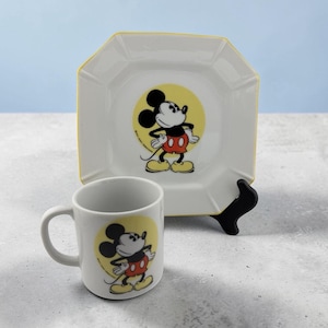 Walt Disney 1970's Japan Made Mickey Mouse Plate and Mug Set Ceramic Yellow Rim image 1