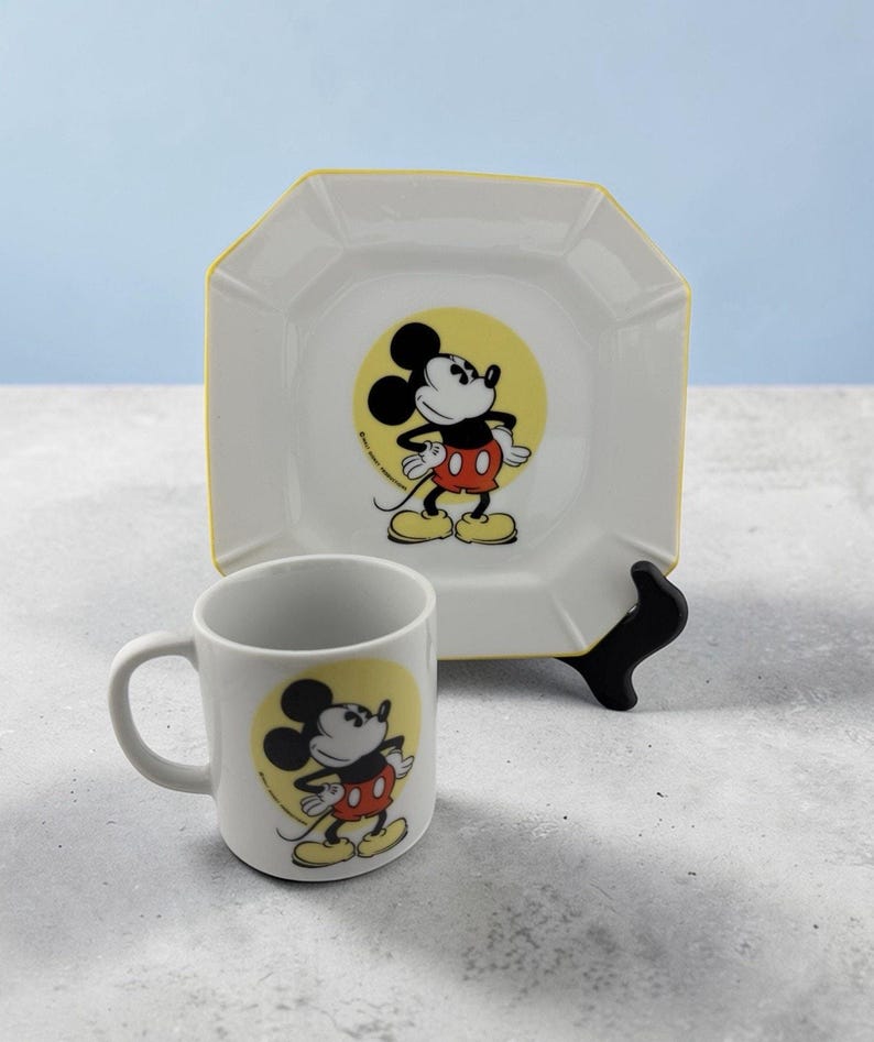 Walt Disney 1970's Japan Made Mickey Mouse Plate and Mug Set Ceramic Yellow Rim image 1