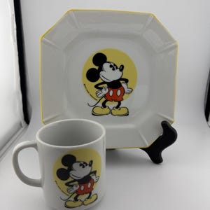Walt Disney 1970's Japan Made Mickey Mouse Plate and Mug Set Ceramic Yellow Rim image 2