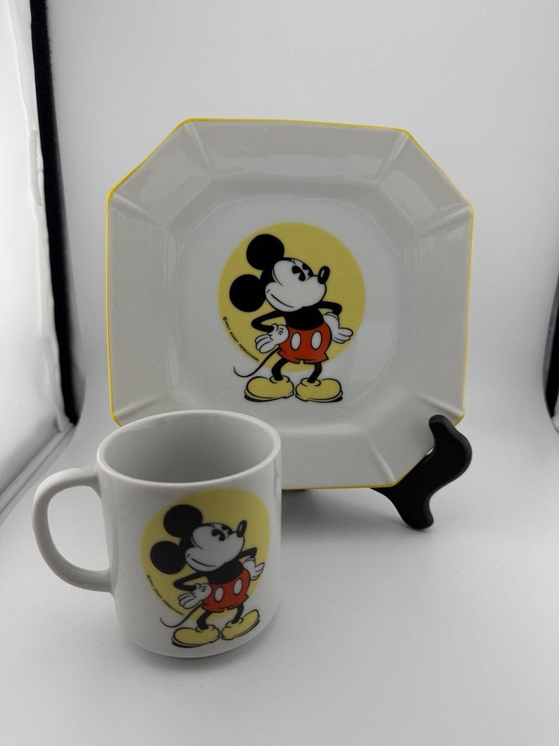 Walt Disney 1970's Japan Made Mickey Mouse Plate and Mug Set Ceramic Yellow Rim image 2