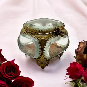 Antique French Ormolu Gilded Bronze Beveled Glass Jewelry Casket Ring Box Pillow