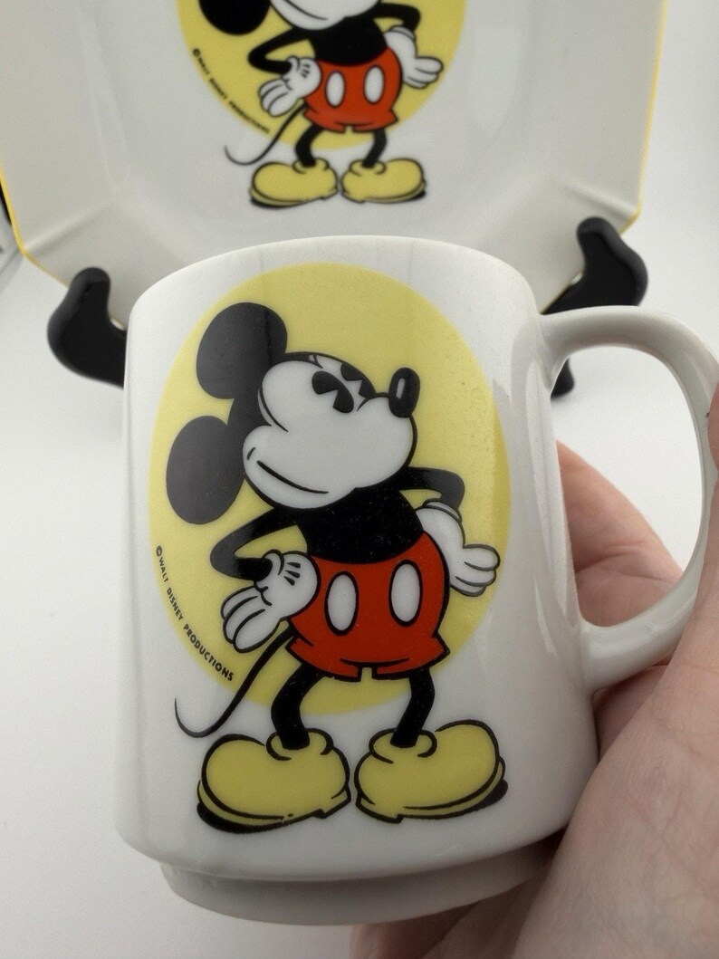 Walt Disney 1970's Japan Made Mickey Mouse Plate and Mug Set Ceramic Yellow Rim image 6