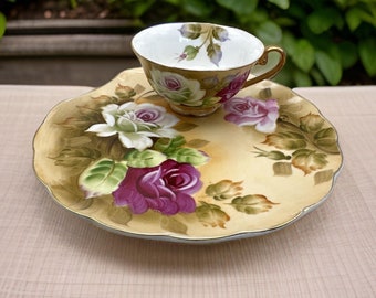 Vintage Lefton NE1864 Hand painted Roses Snack Plate and Tea Cup 1950's