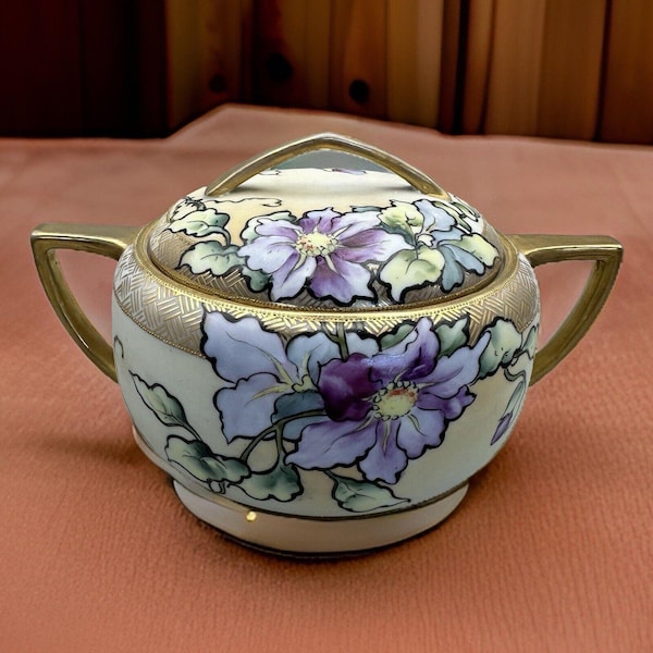 Vintage Nippon Hand Painted Lidded Biscuit Trinket Jar Floral Design Gilded