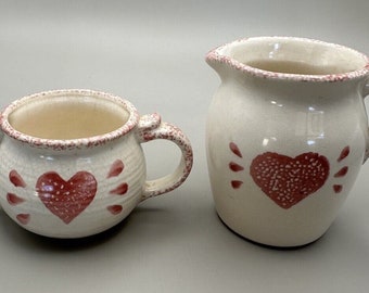Vintage Loomco Pottery Spongeware Painted Red Heart Sugar Bowl and Creamer