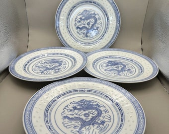 4 Vintage Rice Eyes Chinese Blue & White Dragon Lunch/Salad 8” Plates
