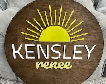 Sunshine 3D Name Round, Acrylic & Wood Sign, Custom Nursery, Crib, Business, Last Name, Tropical, Photo Prop, Sun, Beach, Playroom, Kids