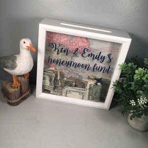 Honeymoon Fund, Adventure Fund, Wishing Bank, Shadow Box, Custom, Personalize, Engagement, Wedding, Cash Box, Piggy Bank, World Map, Travel