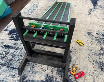 3 INCH WIDE LANES, 4' Kids Race Car Track + Adjustable Height Stand, 2-6 Lane Wooden Ramp, Pinewood Derby Car Raceway, Monster Trucks