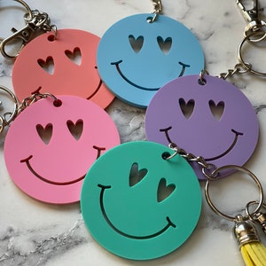 Smiley Face, Acrylic or Wood Keychain, Backpack Tag, Heart Eyes, Retro, Happy Face, Pastel, BFF, Kids, Friend, Gift, Party Favor, Smile