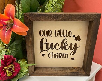 Our Little Lucky Charm, St Patrick’s Day Square Box Sign, Home Decor, Clovers, Tiered Tray, Rustic, Wood Framed Mini, March, Shamrock