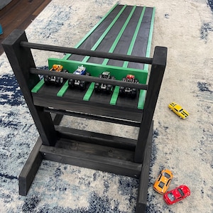 3 INCH WIDE LANES, 4' Kids Race Car Track + Adjustable Height Stand, 2-6 Lane Wooden Ramp, Pinewood Derby Car Raceway, Monster Trucks