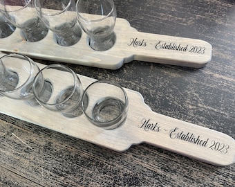 Beer or Cider Tasting Paddle, Custom Flight Board, 4 Tasting Glasses, Wedding, Housewarming, Bar Drinks, Bachelor Party, Laser Engraved