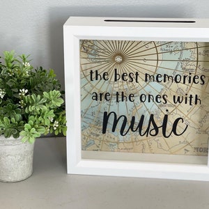 Musikerinnerungen, Admit One, Ticket-Stubs, Geldbank, Schaukasten, Geschenkidee, Theater, Reisethema, Erinnerungen mit Musik, Ticket-Box