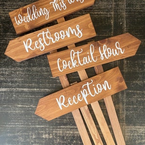 Set of 4, Single Arrow on Stake, This Way, Reception, Cocktail Hour, Ceremony, Restrooms, Wedding Sign, 4.5x18&quot; Directional Arrow & Stake