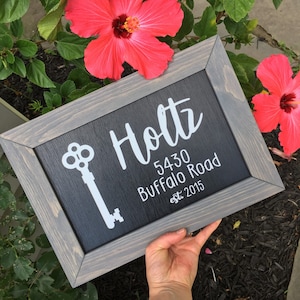 New Home Sign, Last Name, Key, Home Address, Real Estate Closing, Established, First House, First Home, Closing Gift, Wood Frame Sign