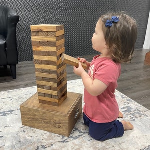 Junior Tumbling Tower, Stacking Game with Storage Crate, Personalized Yard Game, Laser Engraved Tricky Tower, Guestbook, Company Marketing
